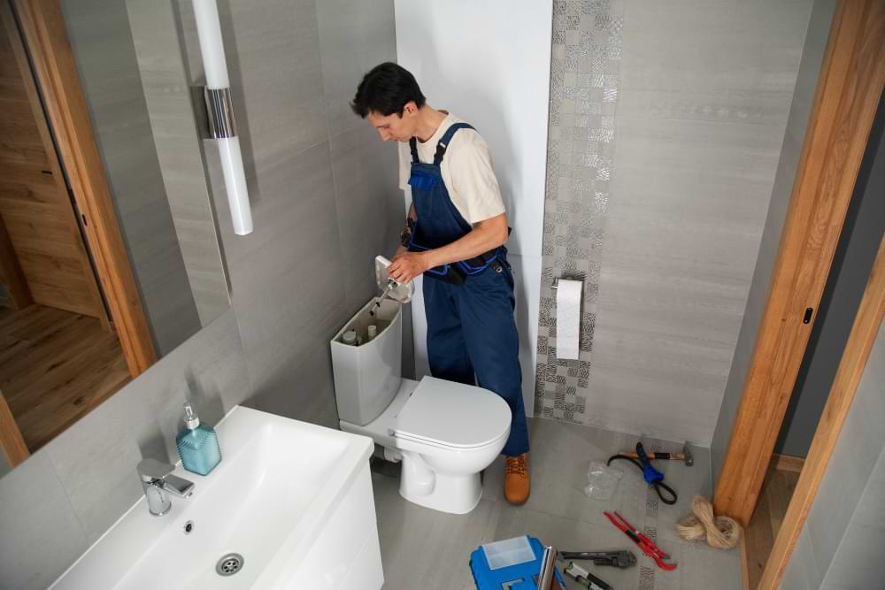 A plumber in overalls works on a toilet in a modern bathroom.