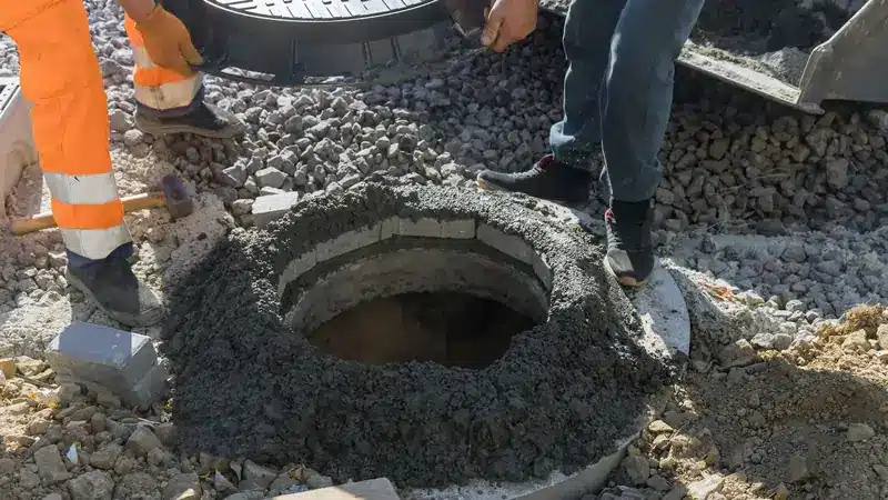 Workers in safety gear install a manhole cover on a concrete and gravel surface.