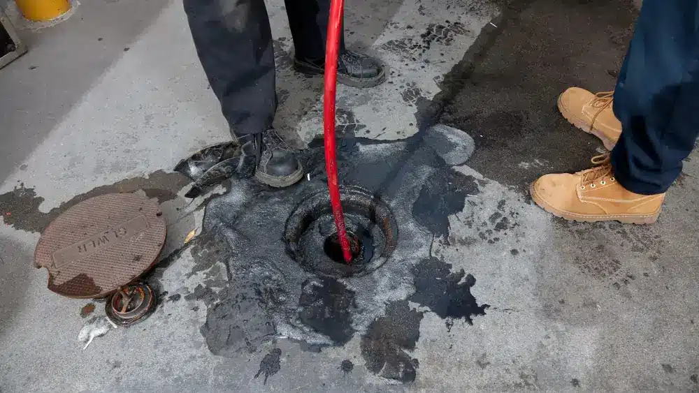 A red hose inserted into a wet, stained manhole, with two people standing nearby. One has black shoes, the other wears tan boots, suggesting a work setting.