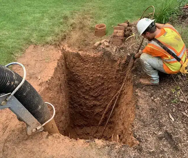A construction worker in a safety vest and helmet kneels by a deep rectangular pit, examining the exposed earth.