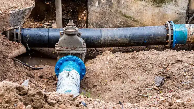 A large blue and black water pipe, partially buried in dirt, with a valve in the center, surrounded by exposed earth and a concrete wall.