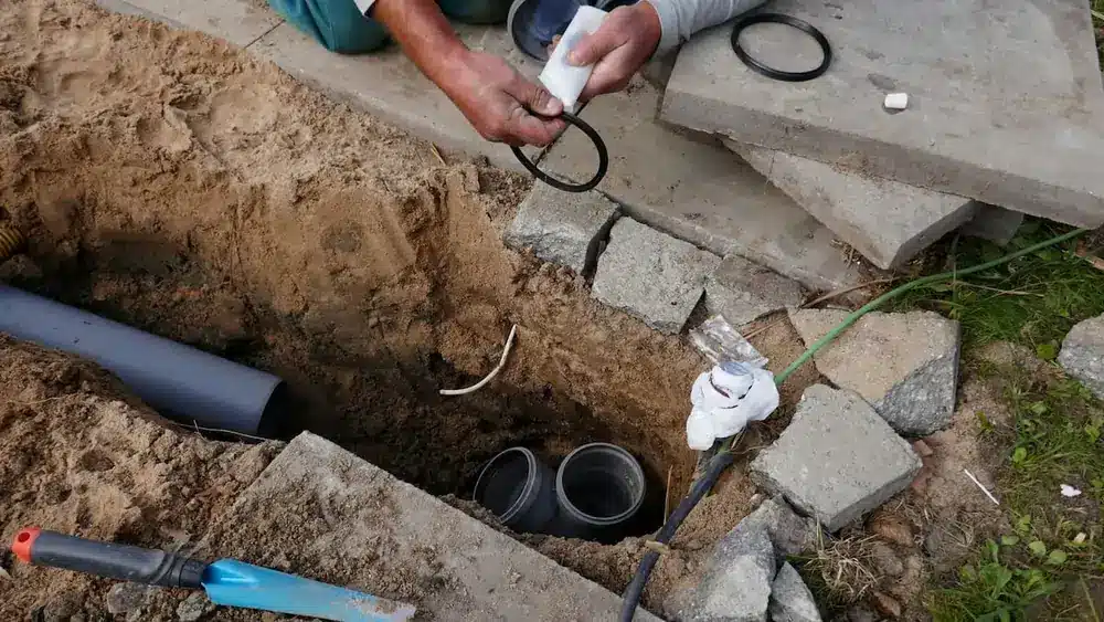 A person is repairing underground pipes in a sandy trench, holding a sealing ring and adhesive.