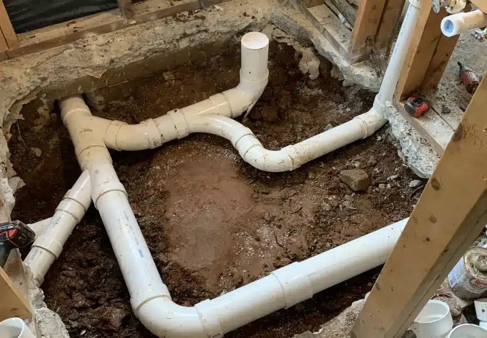A construction site featuring freshly installed white PVC plumbing pipes in a dirt-filled cavity, surrounded by wooden framework and tools.