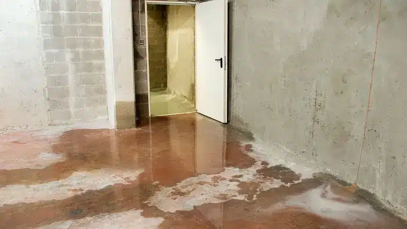A basement with concrete walls and a wet floor, indicating possible flooding. An open white door leads to another room.
