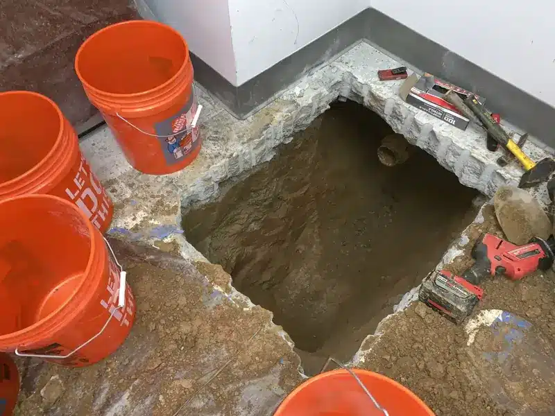 An excavated hole in a concrete floor reveals soil and a pipe.