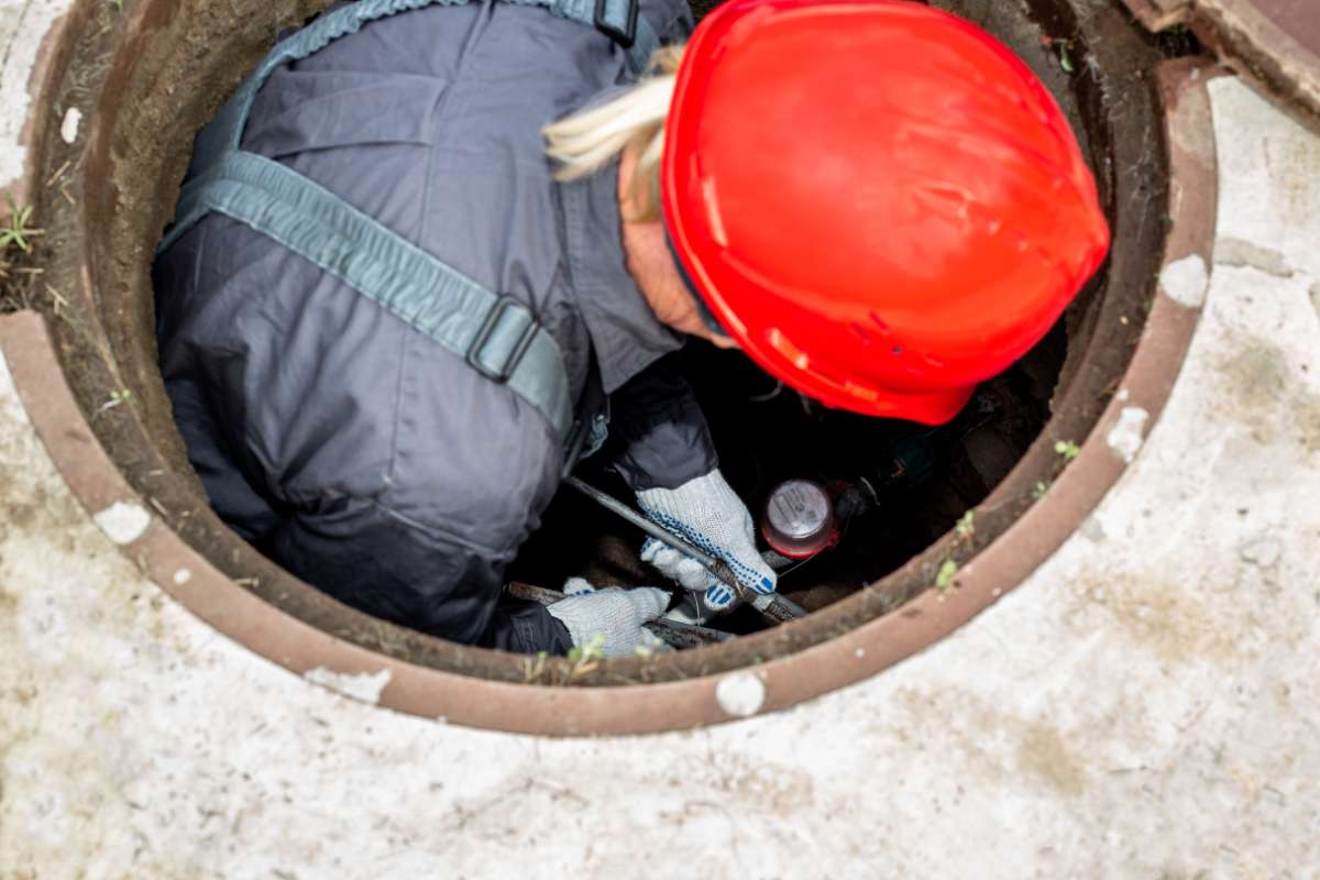 A plumber inside the manhole doing plumbing inspection and repair