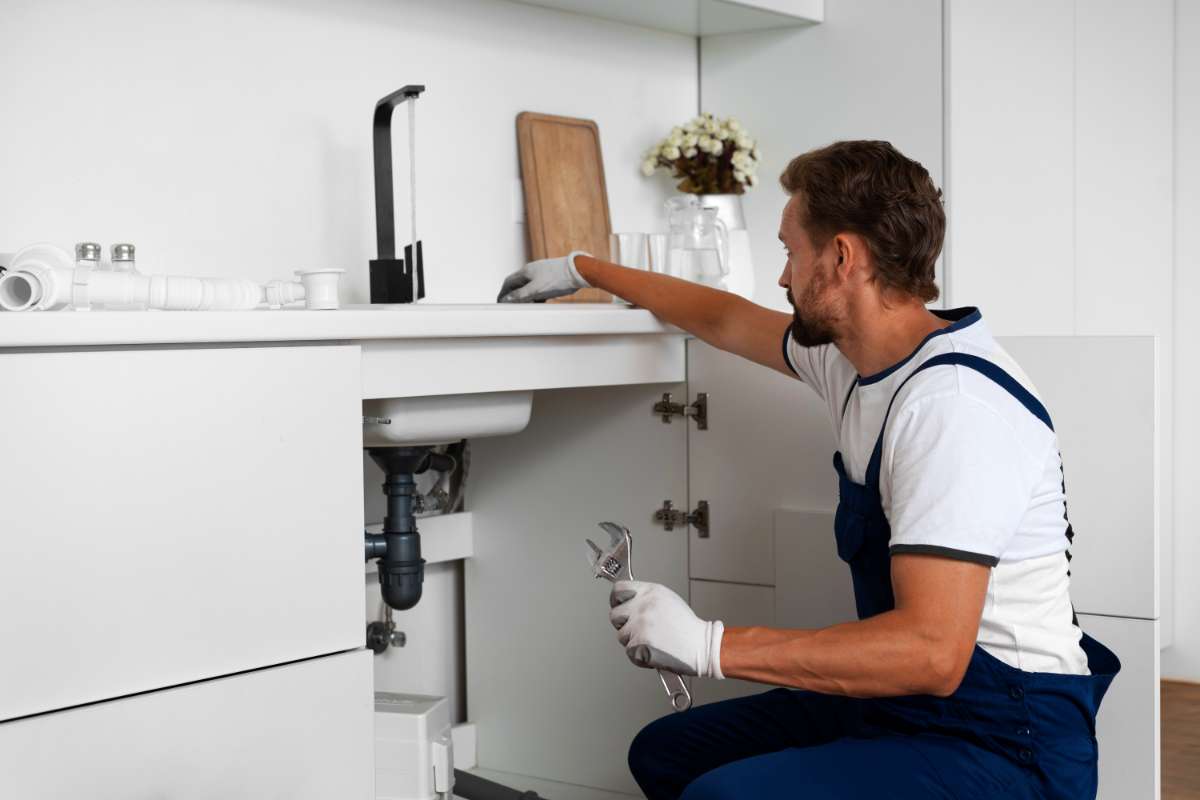 A plumber in blue overalls and white gloves kneels beside a white kitchen cabinet, holding a wrench, focused on repairing pipes under the sink.