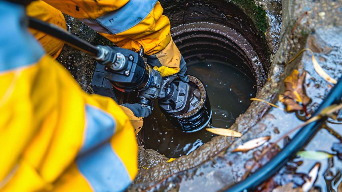Plumbing service uses a pump to clear water from a manhole.
