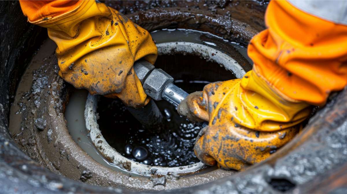 Professional plumber doing drain sewage cleaning service