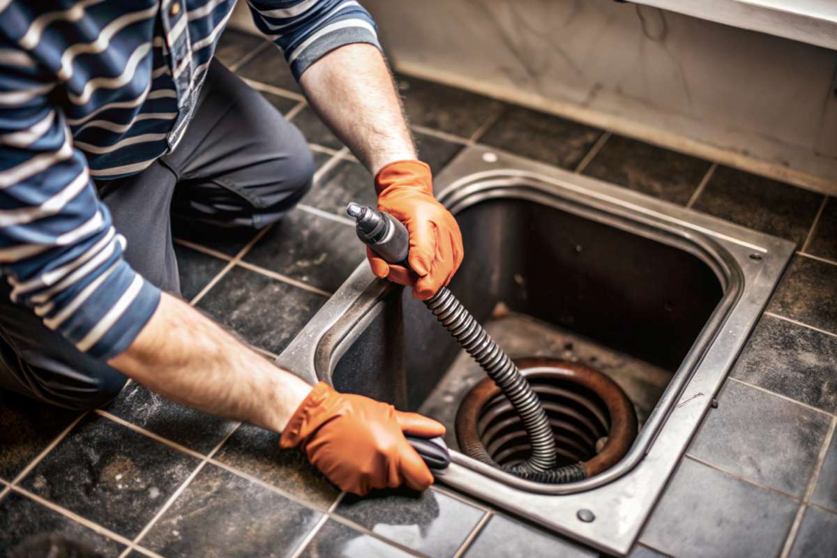 A plumber uses a plumbing snake to clear a drain in a tiled floor.