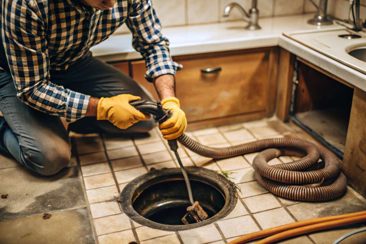 Plumber unclogging a drain using a snake and plunger