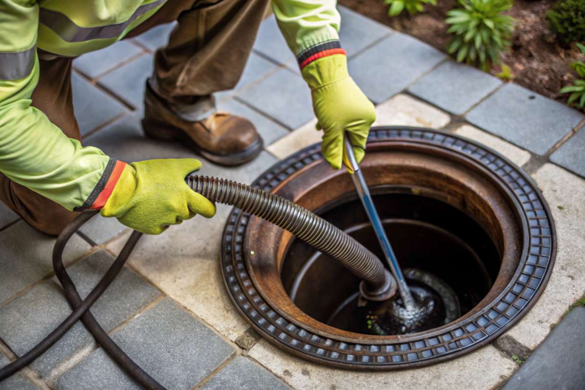 A professional plumber uses a hose and tool to clean a drain.