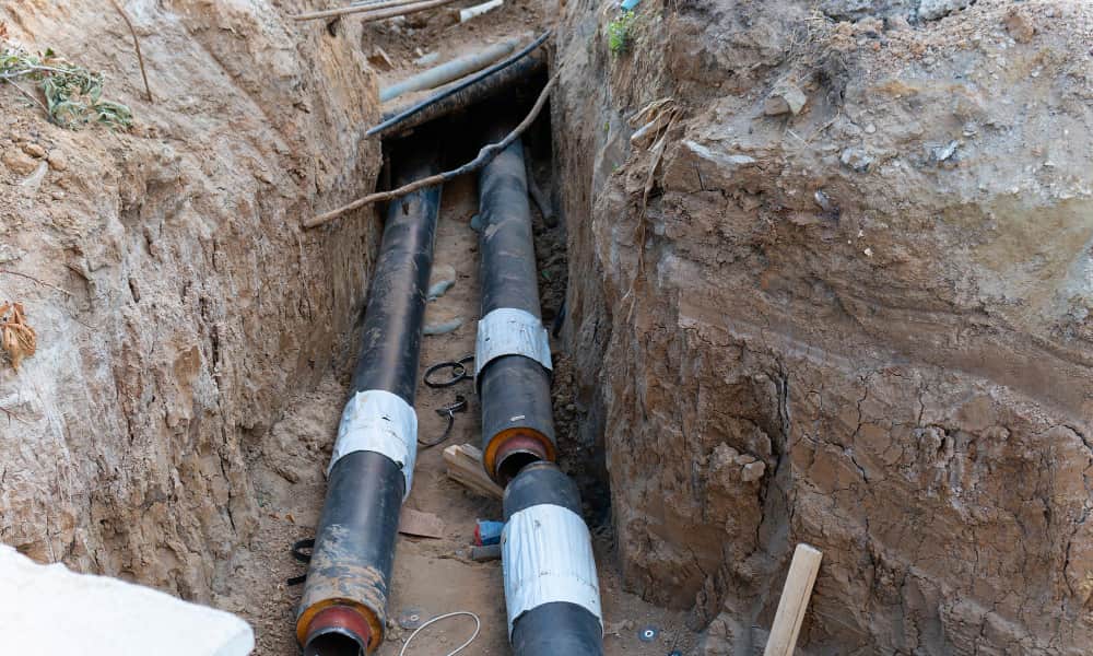 Two large, labeled black pipes are laid in a narrow, excavated trench.
