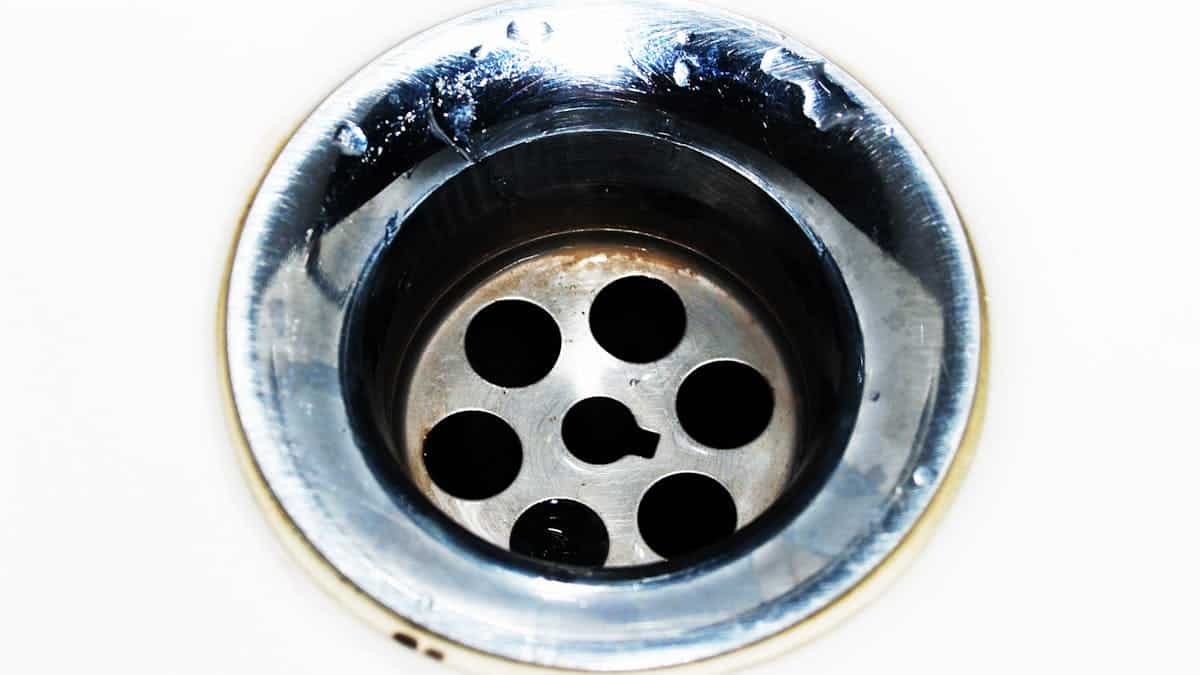 Close-up of a metal sink drain with water droplets, featuring a shiny silver surface and multiple circular holes