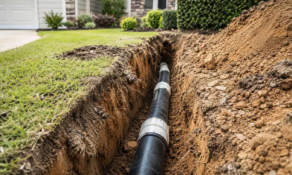 A black sewer pipe lies in a freshly dug trench in a suburban yard.
