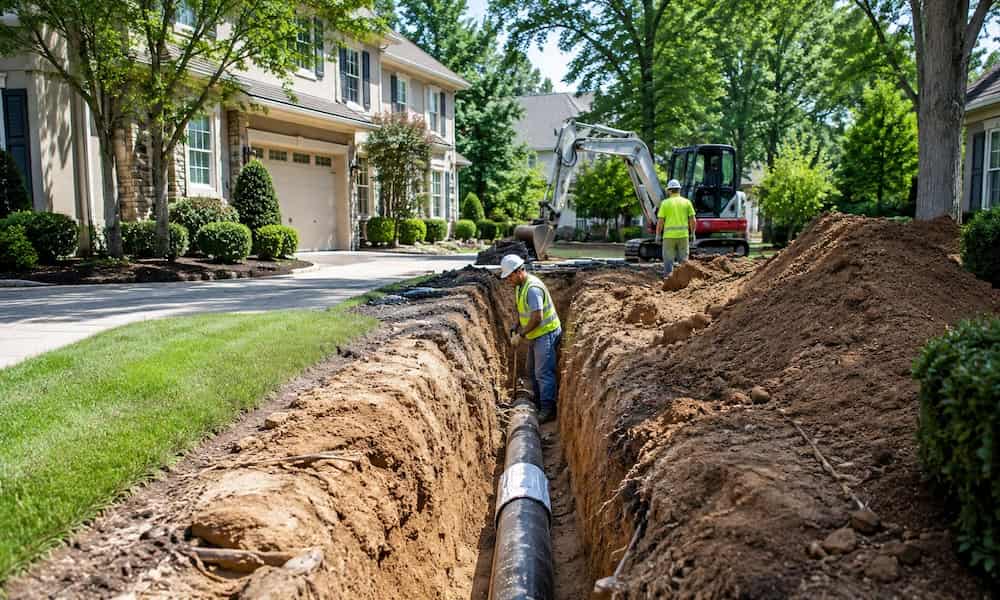 Residential sewer line replacement in Alpharetta yard