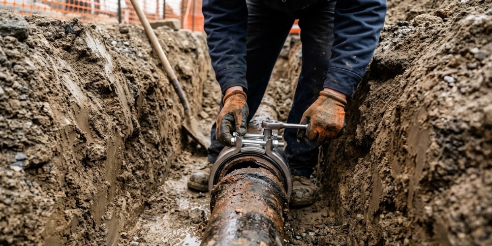 A close-up view of a worker wearing heavy-duty gloves inside a dirt trench