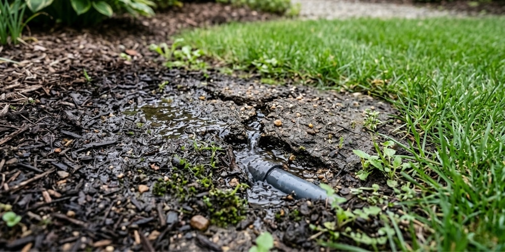 A close-up view of a cracked underground pipe leaking water