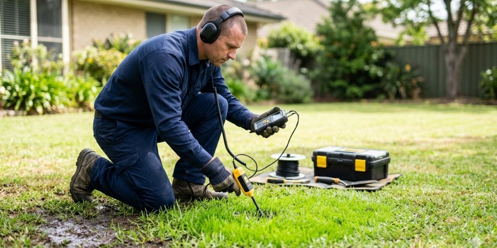 A technician using specialized leak detection equipment to inspect the ground