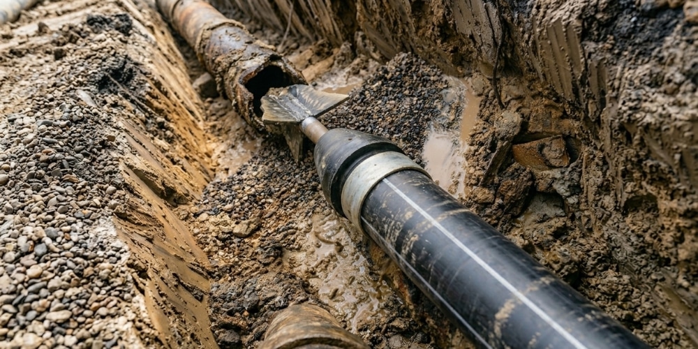 trenchless pipe bursting tool breaking through an old, damaged underground pipe