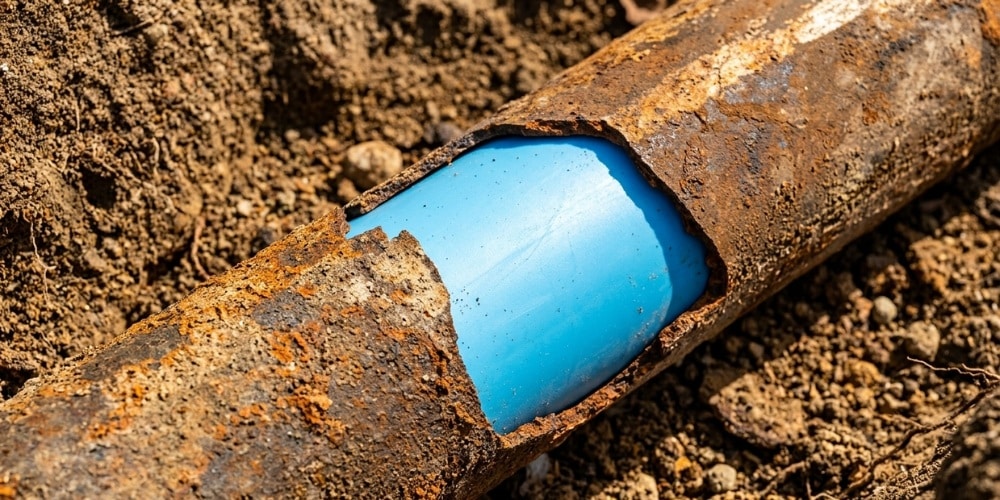 close-up of a trenchless pipe relining process