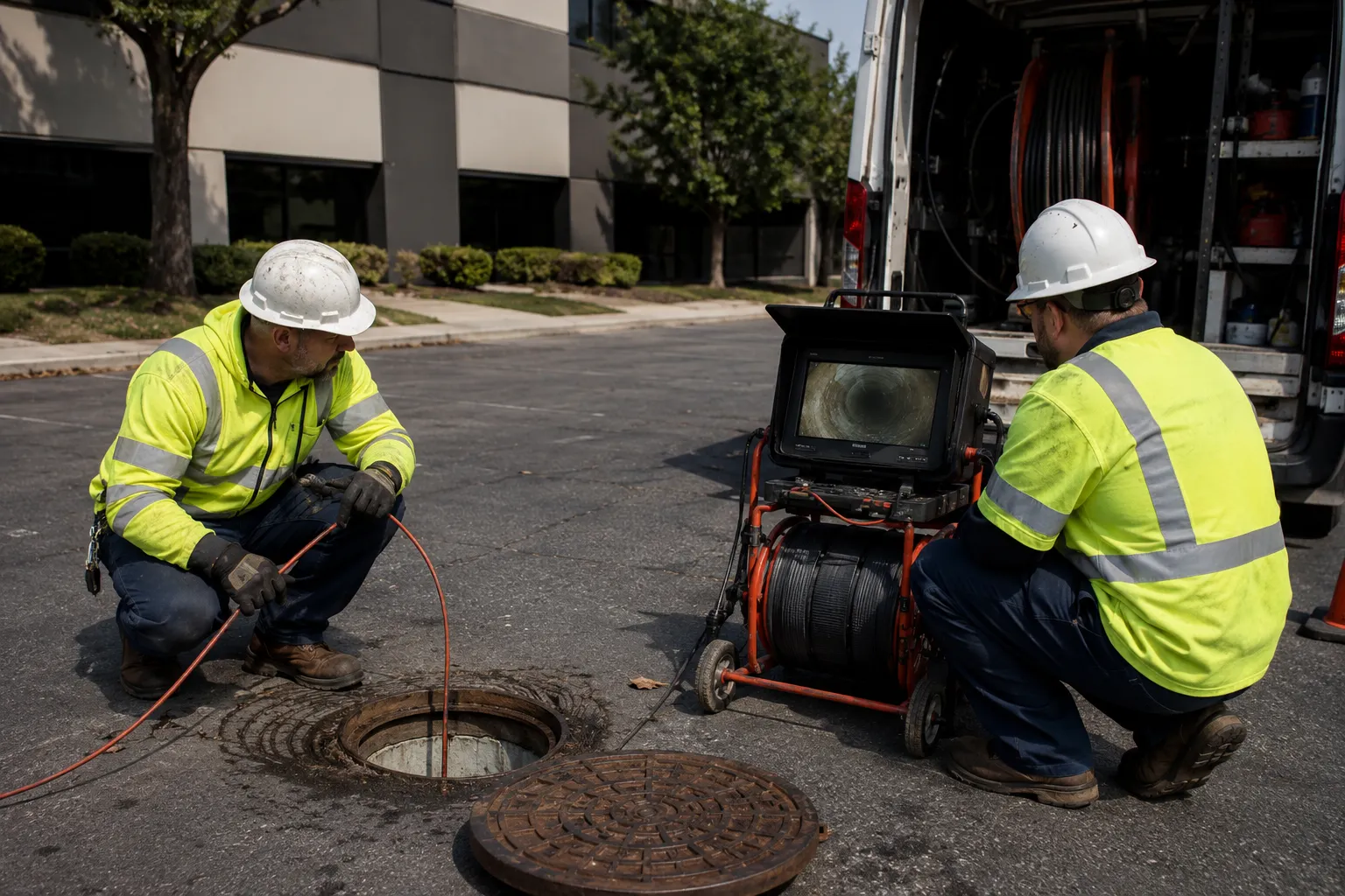 workers inspecting a sewer line using a camera