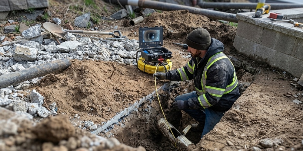a worker feeds a yellow sewer camera cable into an excavated trench