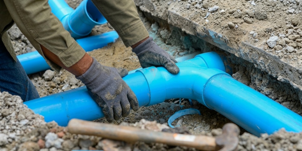 A plumber fitting PVC drainage pipes together in an excavated dirt trench