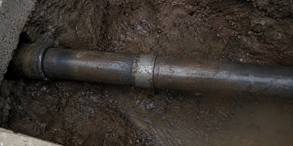 Existing underground water pipe exposed in a muddy excavation trench during repair.