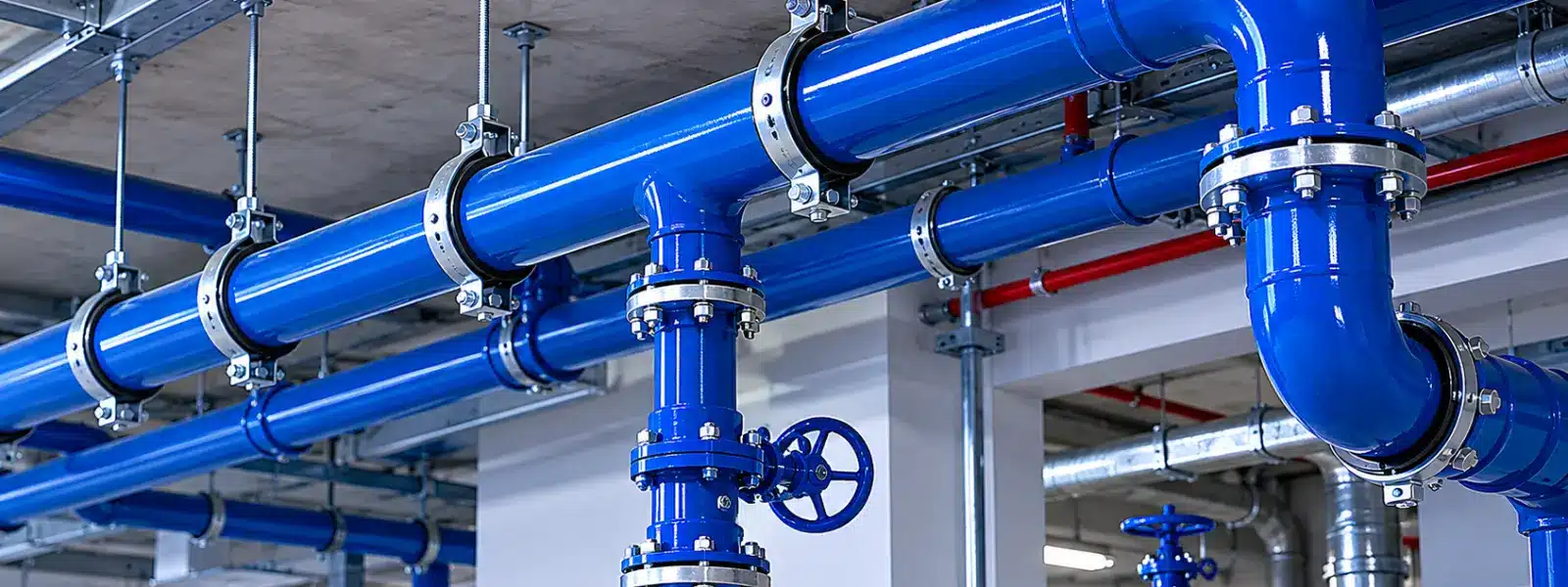 Bright blue industrial water pipes