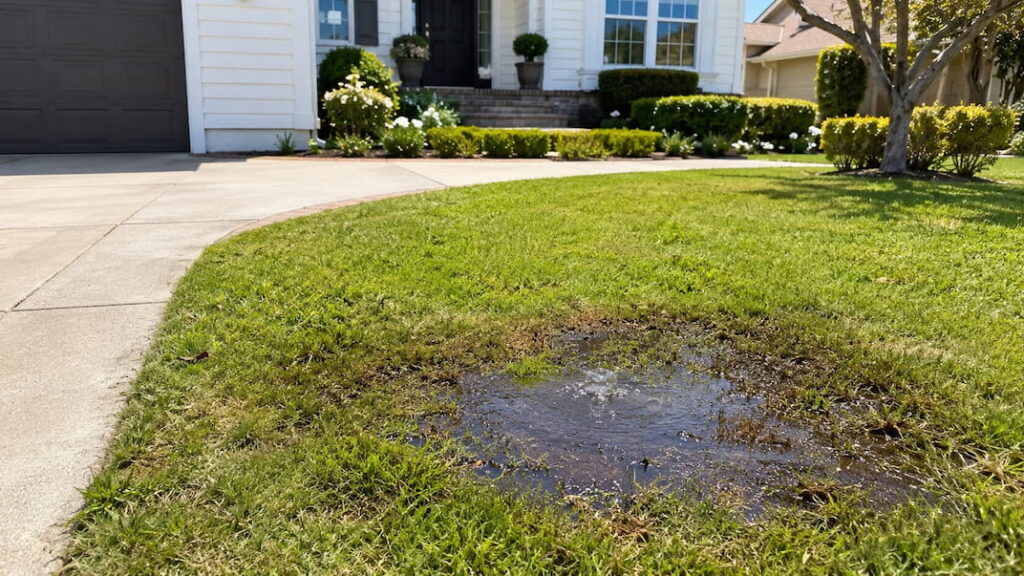Underground water leak creating a wet, bubbling patch in the front lawn of a suburban home.