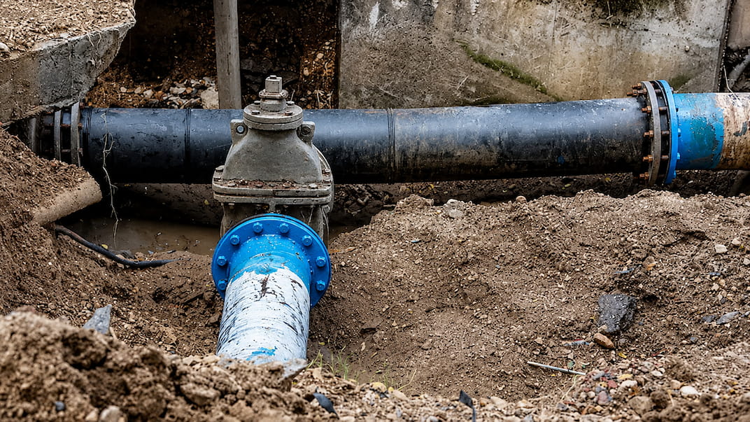 A large blue and black water pipe, partially buried in dirt, with a valve in the center, surrounded by exposed earth and a concrete wall.