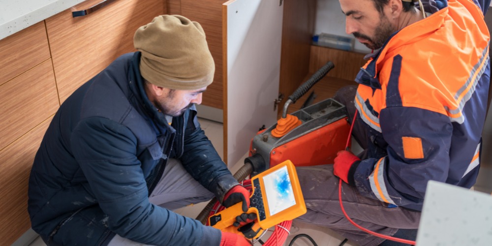 Two plumbers use a drain inspection camera