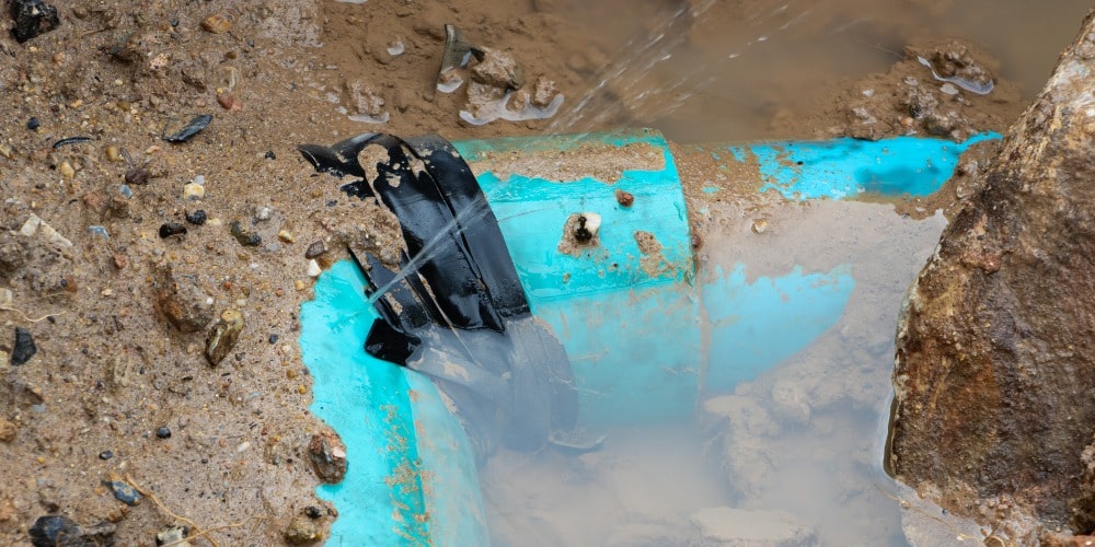 high-pressure leak in an underground blue PVC pipe