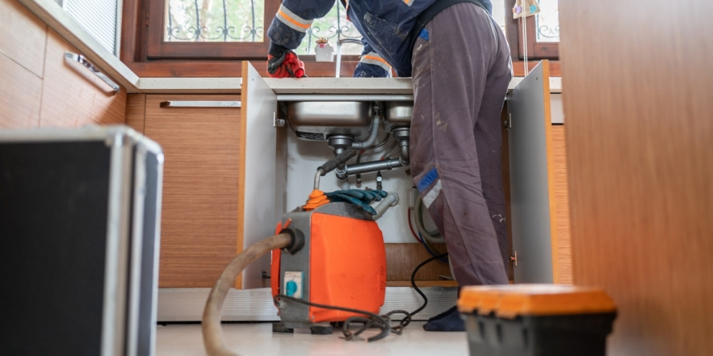 Plumber operating a motorized drain cleaning machine
