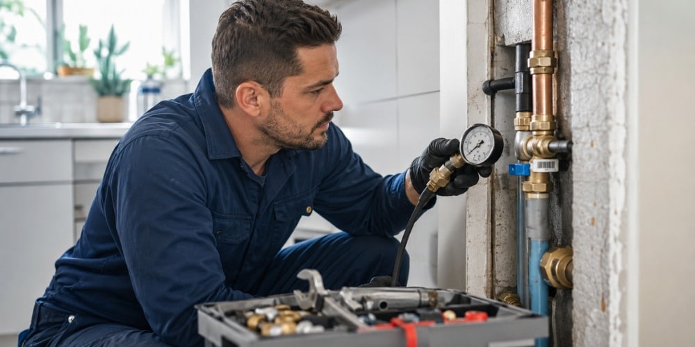 plumber inspecting a residential home's water supply system