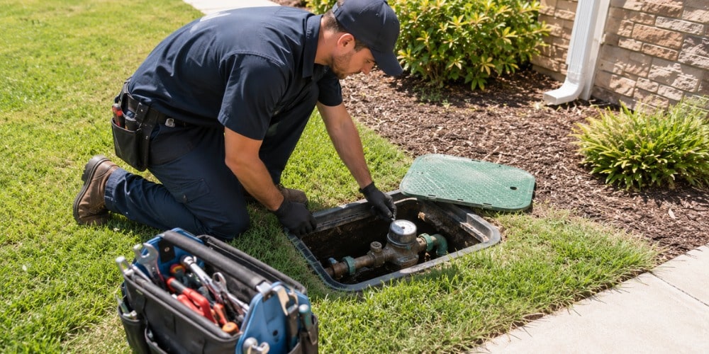 licensed professional plumber inspecting a residential water meter box