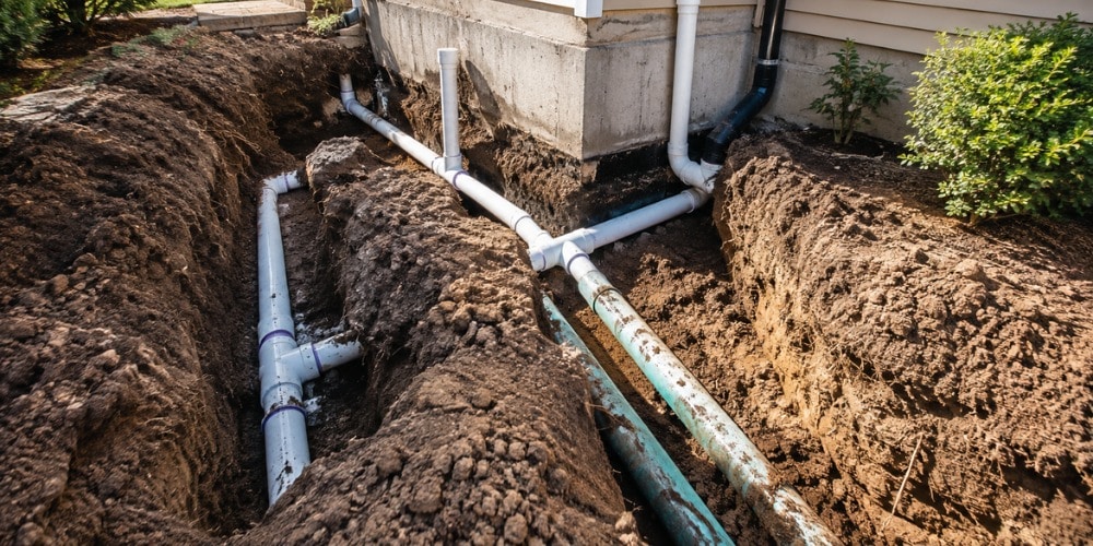 excavated residential yard revealing underground plumbing pipes