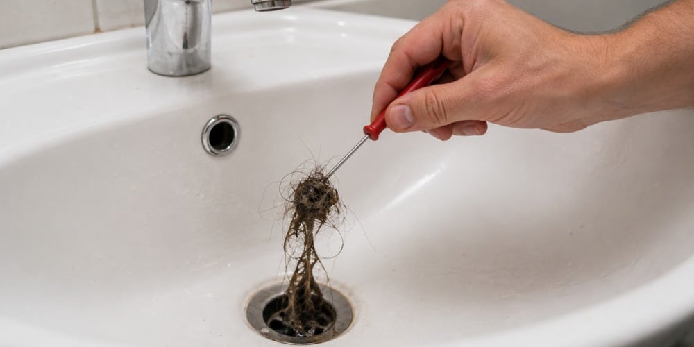 hair and debris from a bathroom sink drain