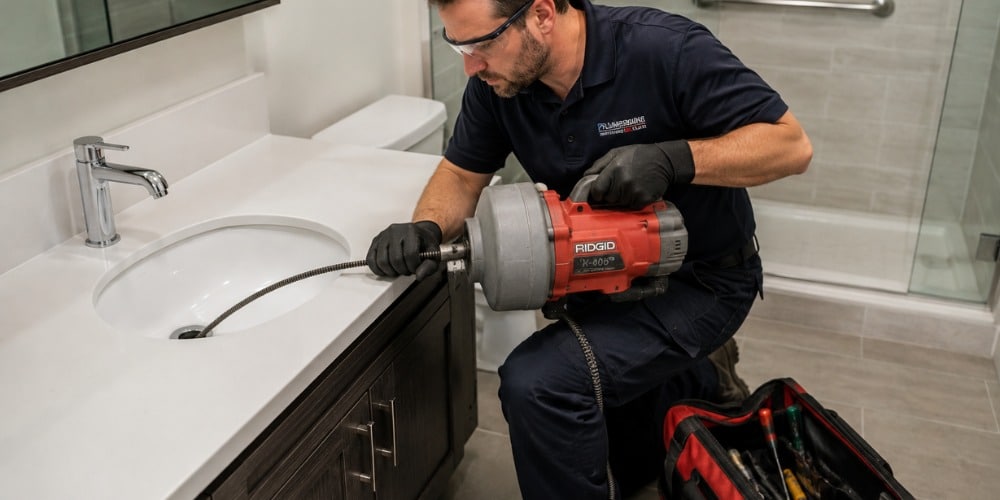 licensed plumber operating a motorized drain auger