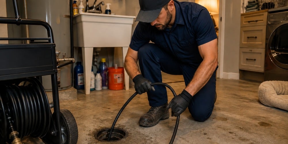 licensed plumber inserting a hydro-jet hose