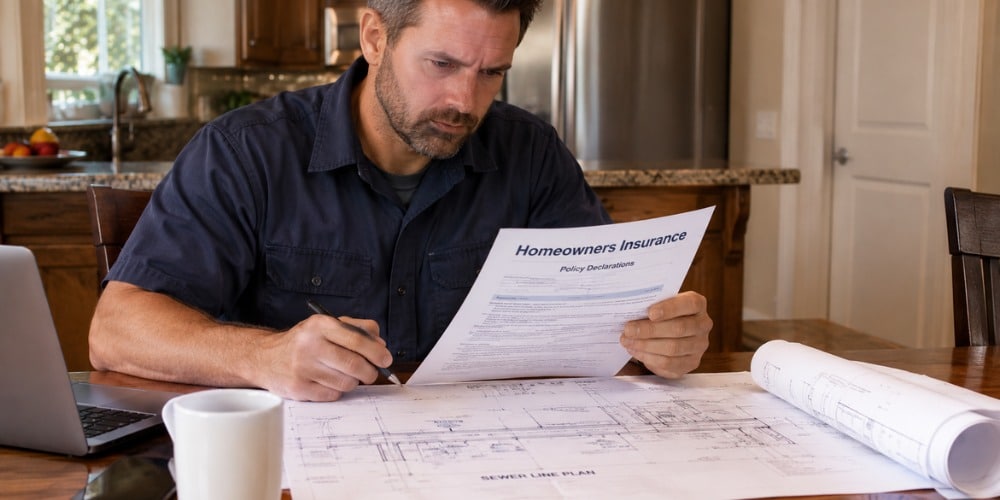 plumber reviewing a homeowners insurance policy document
