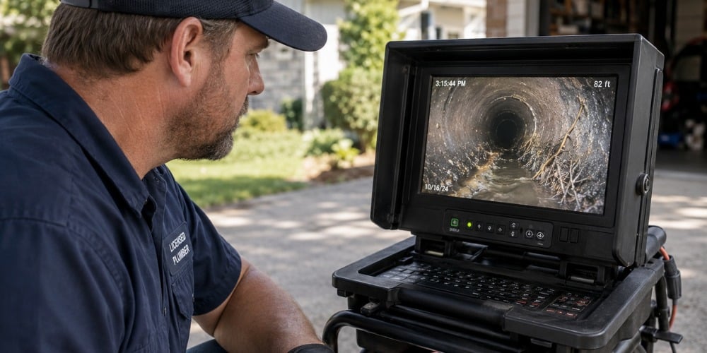 licensed plumber watching a sewer camera inspection screen