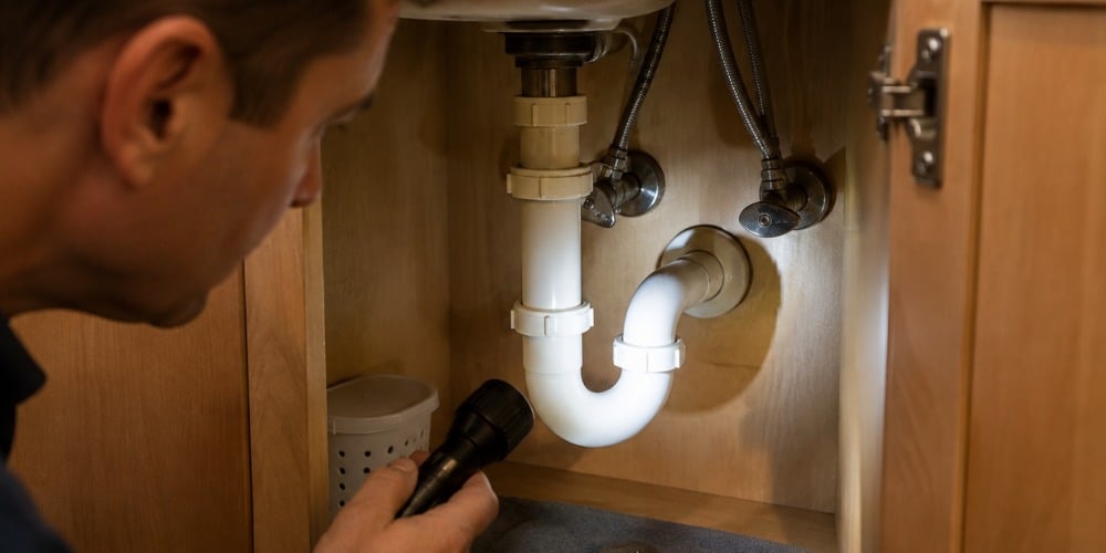 using a flashlight to inspect a P-trap under a bathroom sink cabinet