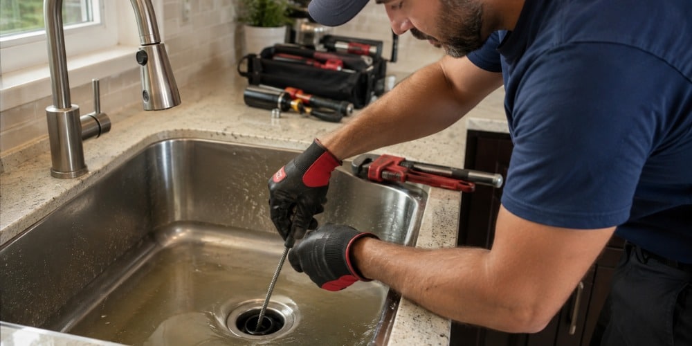 plumber unclogging a residential kitchen sink