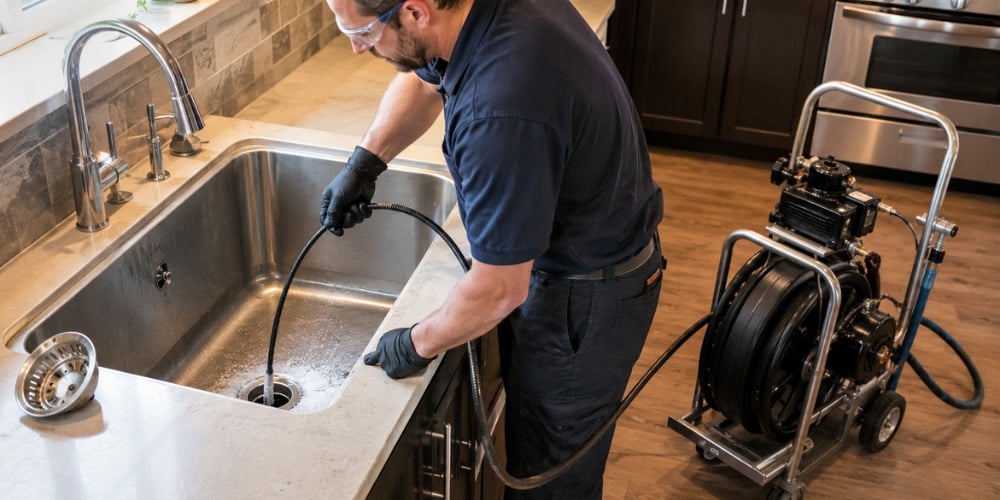 plumber unclogging a residential kitchen sink