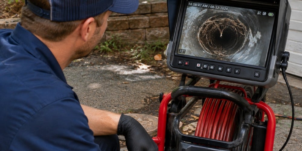 plumber reviewing a pipe camera inspection monitor