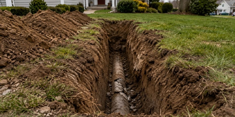 open excavation trench in a residential front yard