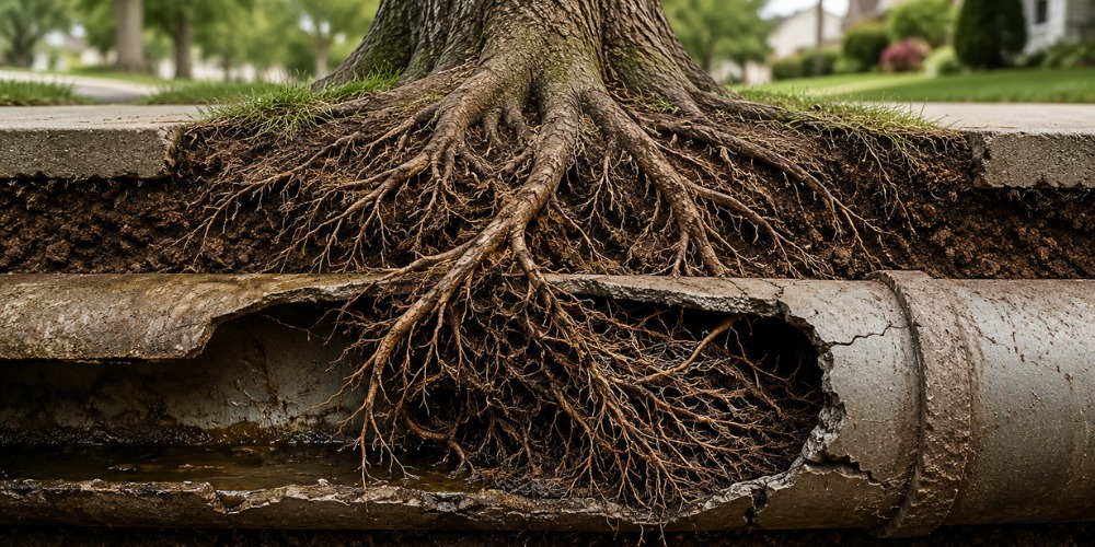 Tree roots in sewer line pipe