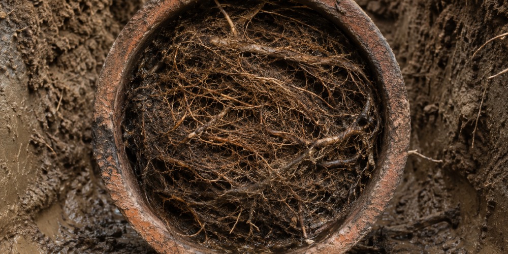 thick root mass filling the interior of a clay sewer pipe